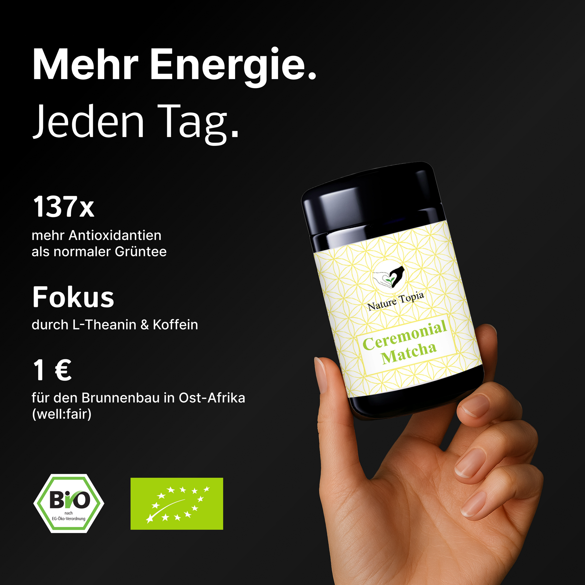Bio Matcha Ceremonial Grade im Violettglas – 137x mehr Antioxidantien, Fokus durch L-Theanin & 1 € Spende für Brunnenbau in Afrika