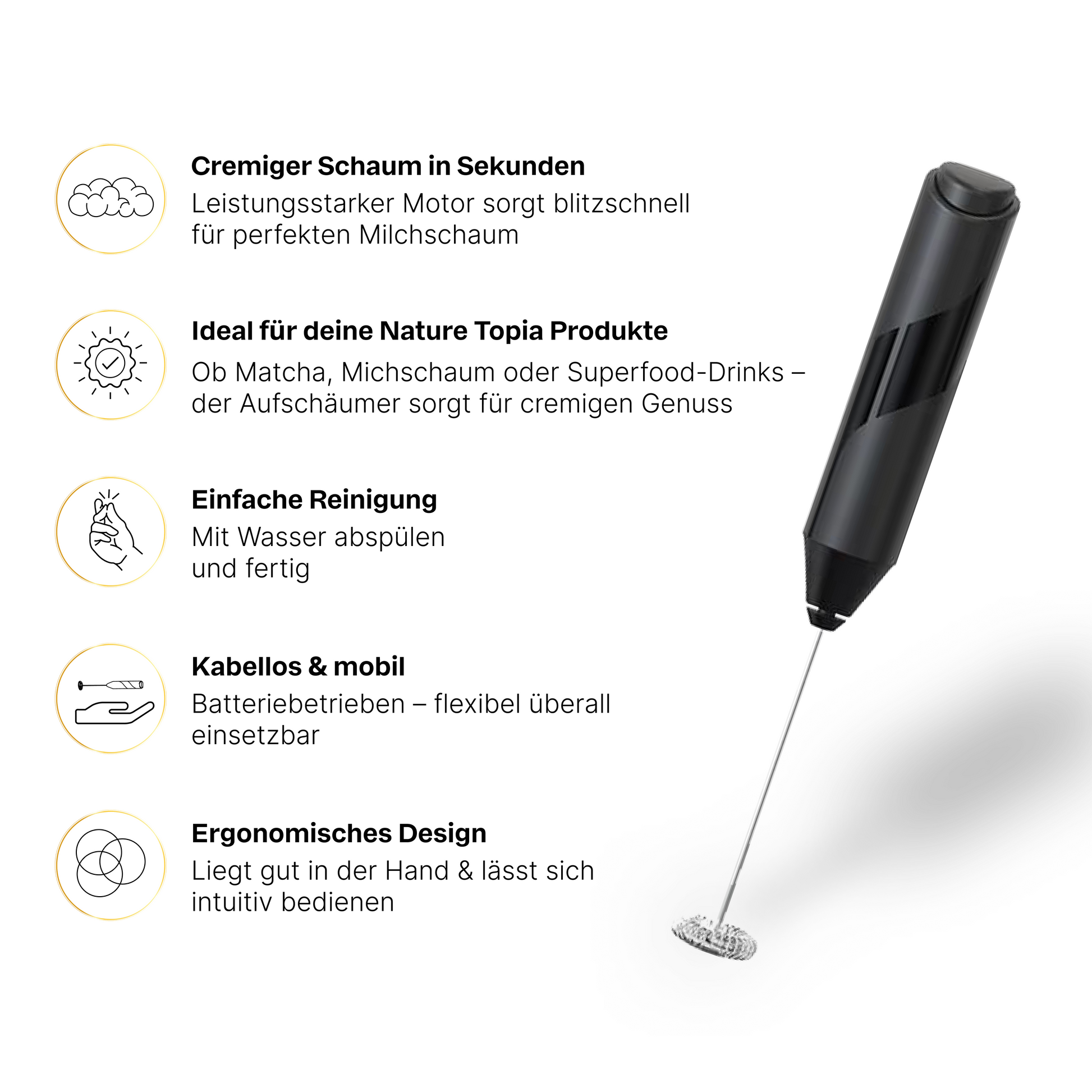 Elektrischer Milchaufschäumer von Nature Topia – cremiger Milchschaum in Sekunden, kabellos, einfach zu reinigen, ergonomisches Design