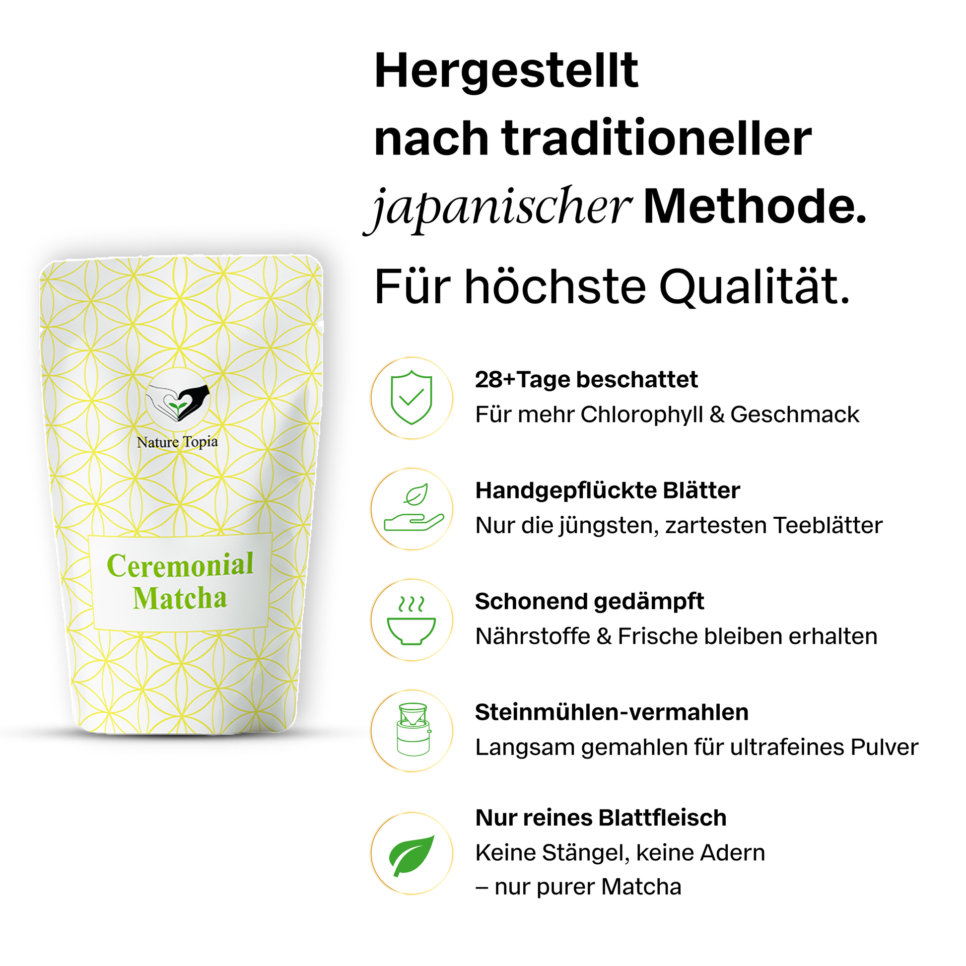 Ceremonial Bio Matcha – traditionell hergestellt in Japan: 28 Tage beschattet, handgepflückt, schonend gedämpft und steingemahlen