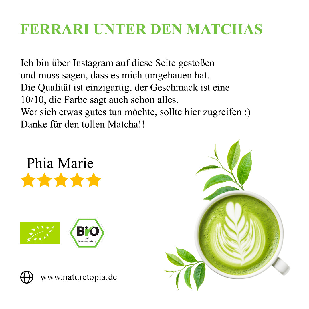 Matcha Erfahrung von Kundin – Nature Topia Bio Matcha mit 5 Sterne Bewertung