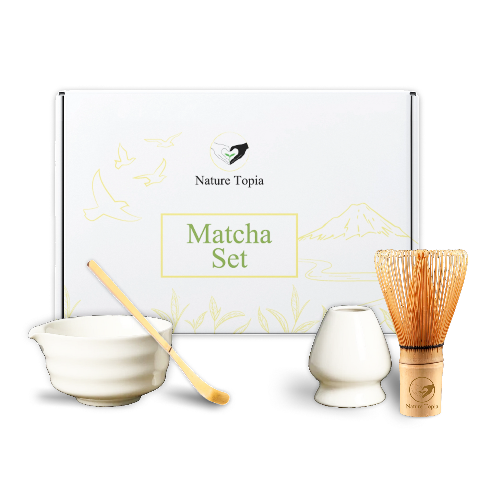 Matcha Starter Set von Nature Topia mit weißer Keramikschale (Chawan), Bambusbesen (Chasen 100 Borsten), Matcha Löffel (Chashaku) und Besenhalter (Kuse Naoshi) / Yasume) in Geschenkbox