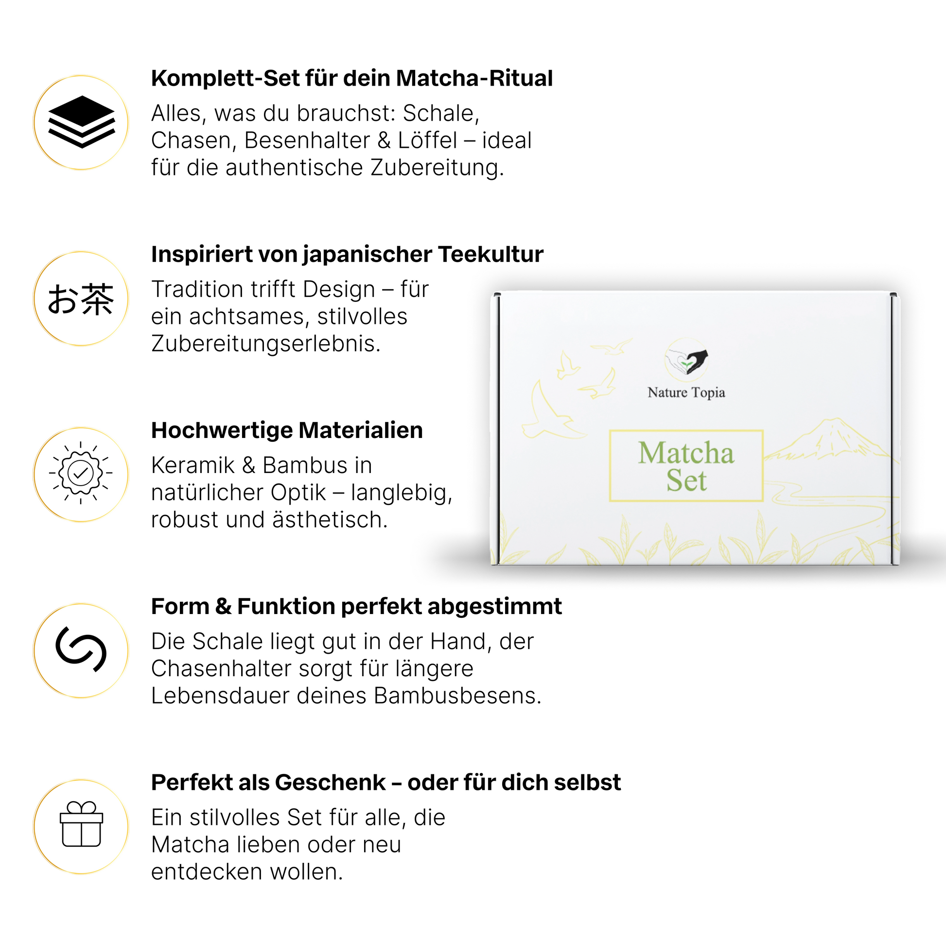 Matcha Set Vorteile Infografik – Starter Set von Nature Topia mit Schale, Bambusbesen, Löffel und Besenhalter, inspiriert von japanischer Teekultur