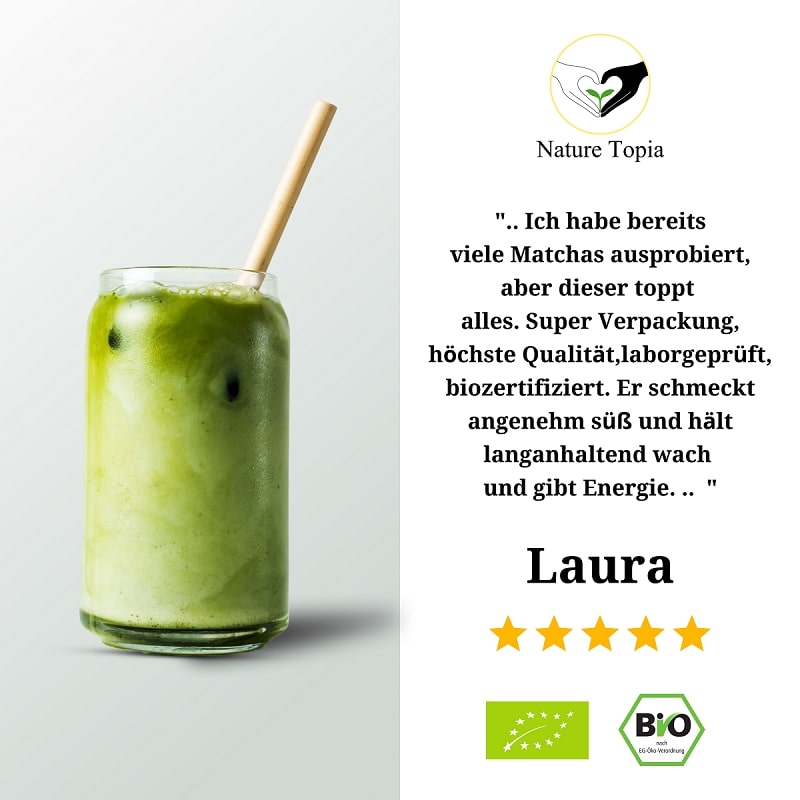 Kundenbewertung Nature Topia Bio Ceremonial Matcha – einzigartiger Geschmack, intensive grüne Farbe und höchste Qualität, 5-Sterne Bewertung.