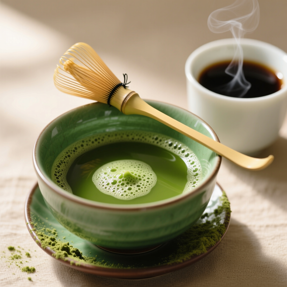 A cup of vibrant green Matcha tea next to a cup of coffee, highlighting the health benefits of Matcha over coffee
