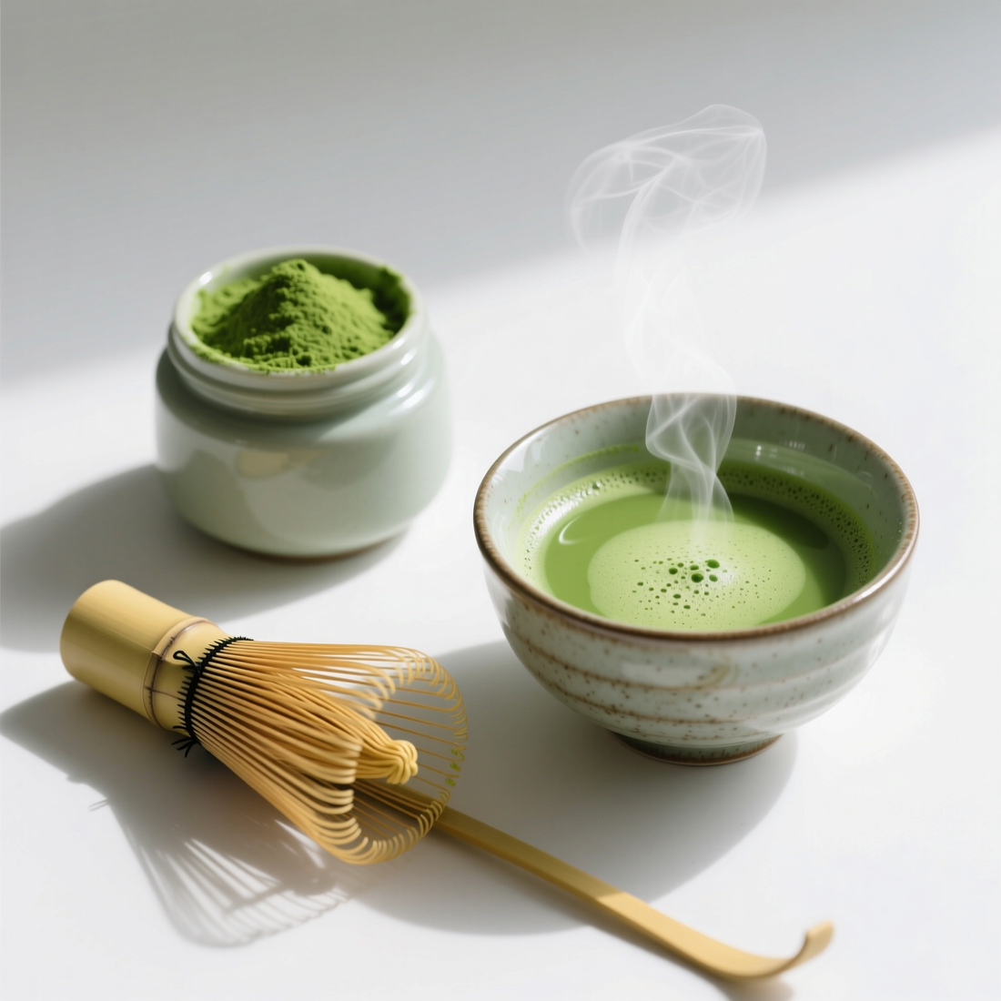 A steaming bowl of vibrant green matcha tea sits next to a jar of matcha powder and a traditional bamboo whisk on a white surface.