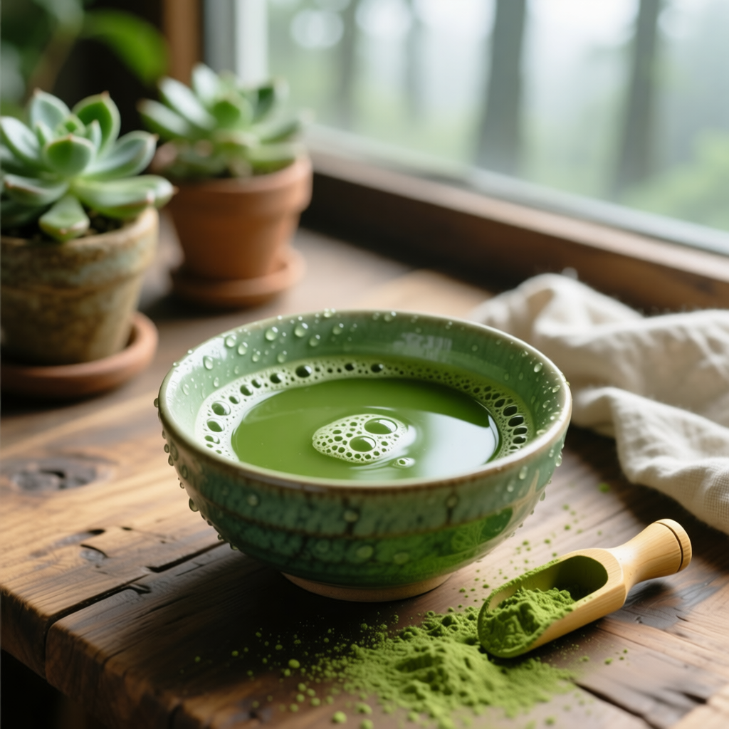 Matcha-Pulver in einer Schale mit grünem Tee, symbolisiert die gesundheitlichen Vorteile von Matcha basierend auf aktuellen wissenschaftlichen Studien.