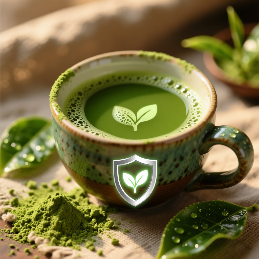 Ein Becher Matcha-Tee umgeben von frischem Matcha-Pulver und Teeblättern, ergänzt mit einem Symbol für das Immunsystem, das die gesundheitsfördernden Eigenschaften von Matcha verdeutlicht.