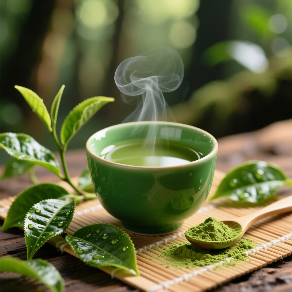 Frische Tasse Matcha-Tee, umgeben von Matcha-Pulver und grünen Blättern, die die gesundheitlichen Vorteile und Superfood-Qualitäten von Matcha symbolisieren