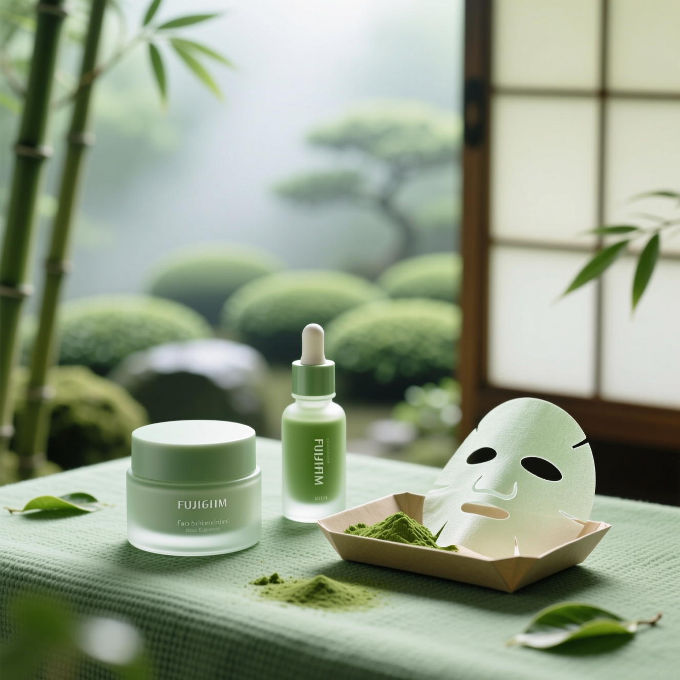 Hochwertige Hautpflegeprodukte mit Matcha, die für ihre entzündungshemmenden und Anti-Aging-Eigenschaften bekannt sind.