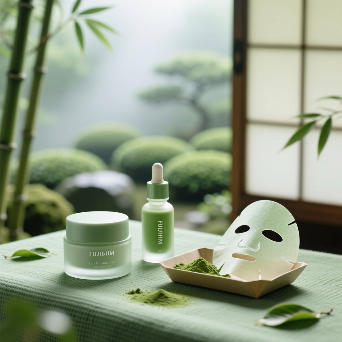 Hochwertige Hautpflegeprodukte mit Matcha, die für ihre entzündungshemmenden und Anti-Aging-Eigenschaften bekannt sind.