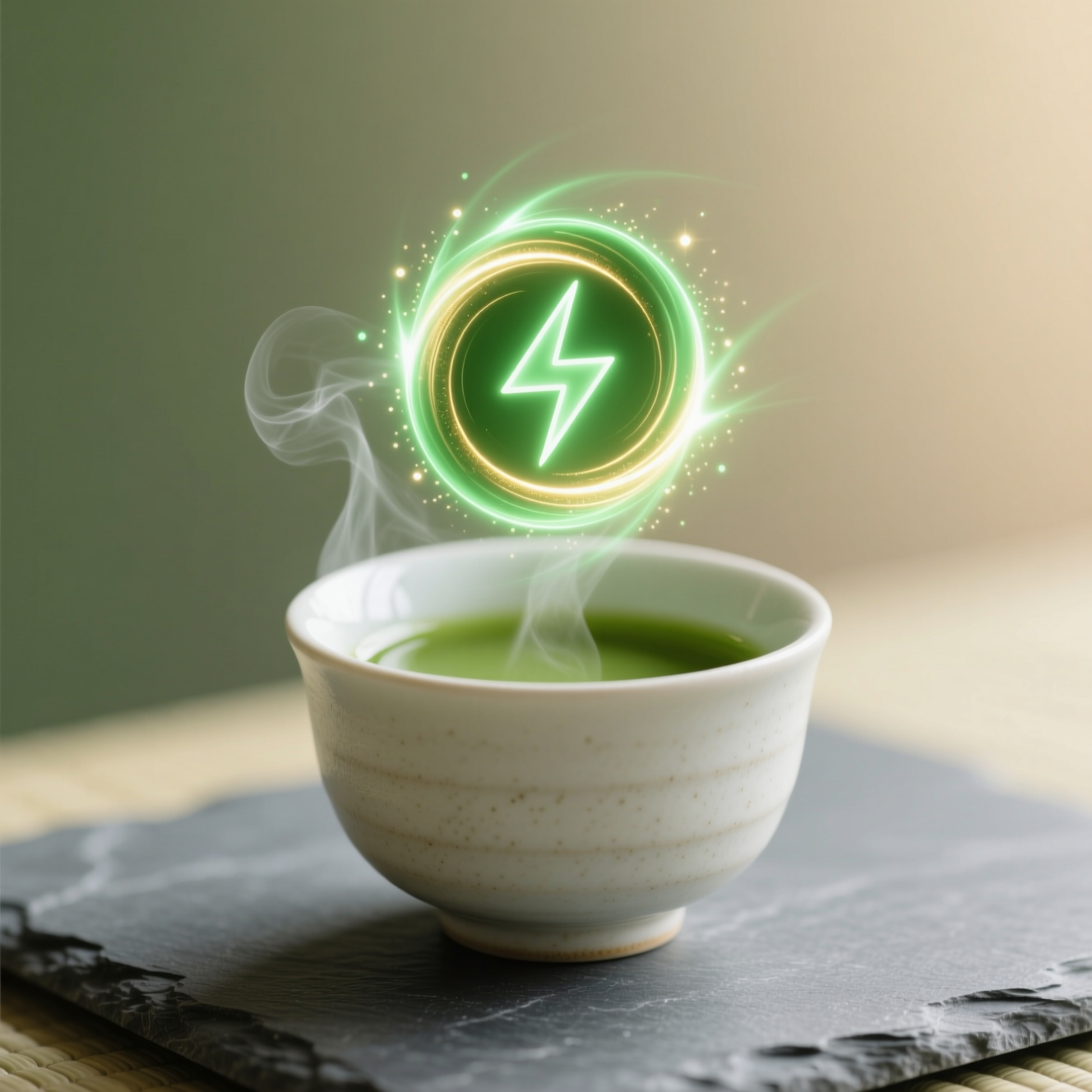 Eine Tasse Matcha-Tee neben einem Symbol für Energie, das den Energieschub von Matcha verdeutlicht.