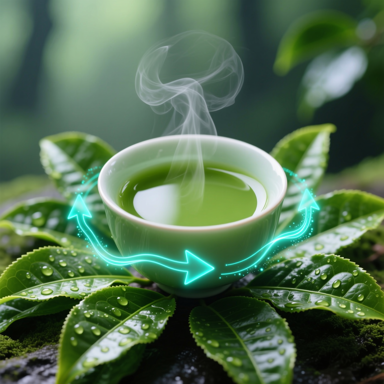 Eine Tasse Matcha-Tee umgeben von frischen Teeblättern und Symbolen für einen angeregten Stoffwechsel.