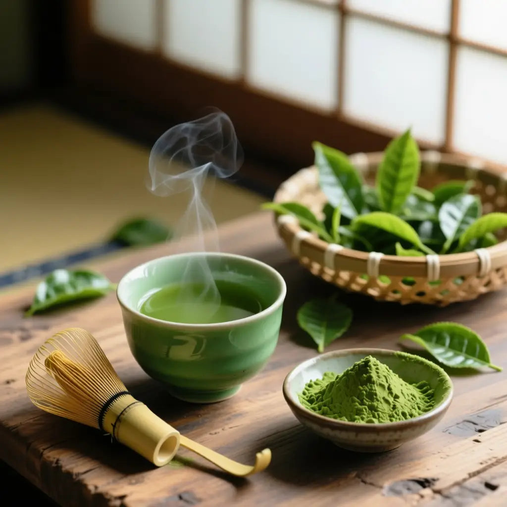 Eine Tasse Matcha-Tee mit einem traditionellen Bambusbesen (Chasen), daneben eine Schale mit Matcha-Pulver und frischen grünen Teeblättern, die die einzigartigen Eigenschaften von Matcha im Vergleich zu grünem Tee hervorheben