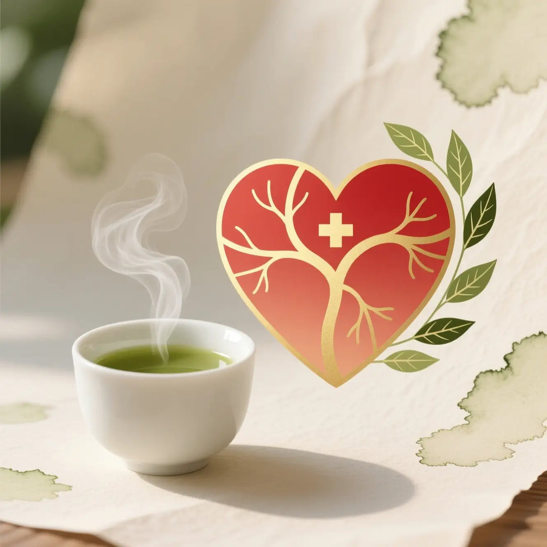 Ein Bild einer Tasse Matcha-Tee neben einem Herzsymbol oder einem Symbol für Herzgesundheit, das die Vorteile von Matcha für das kardiovaskuläre System darstellt