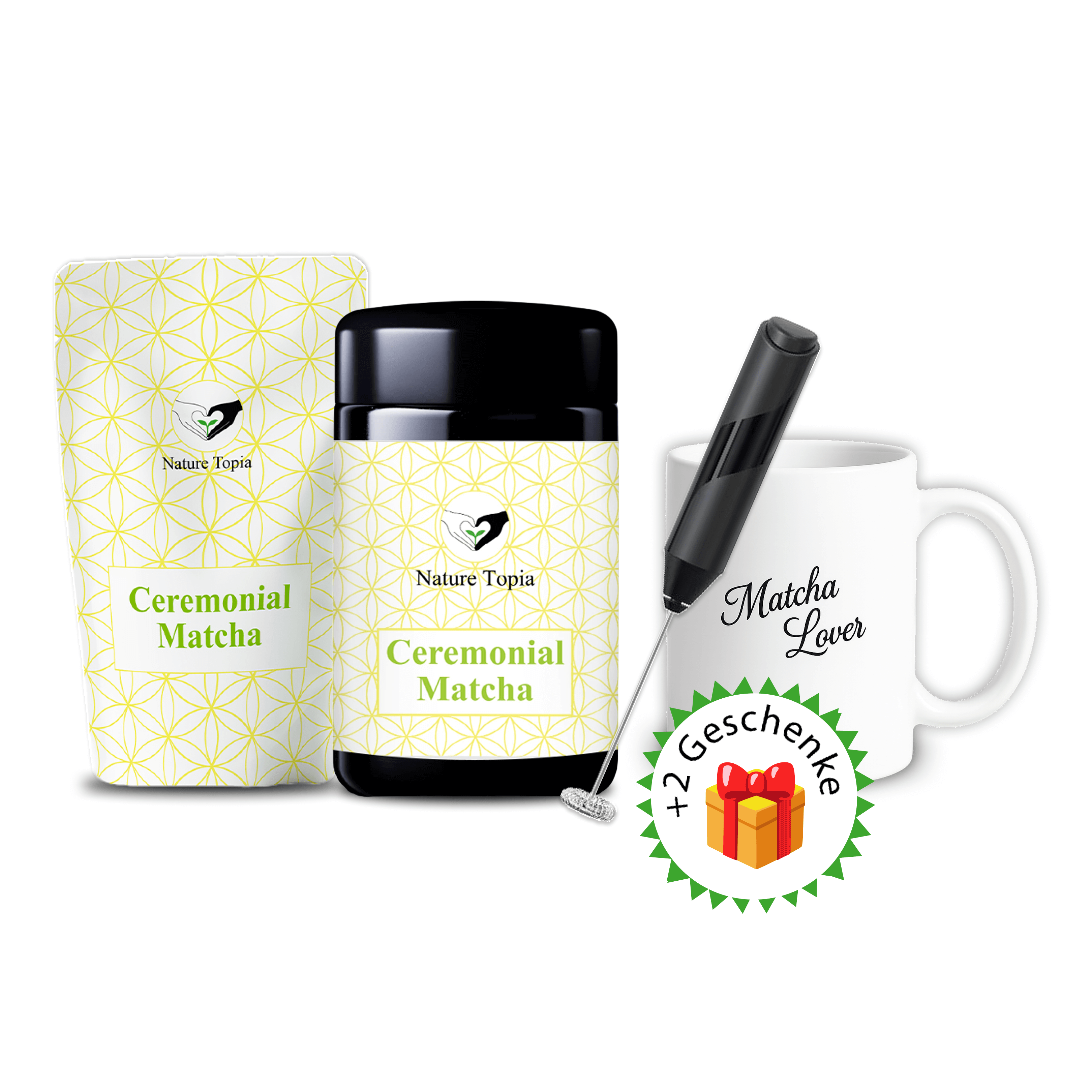 Fair Matcha Bundle – Bio Matcha Glas & Doypack mit Matcha Tasse und gratis Milchaufschäumer von Nature Topia