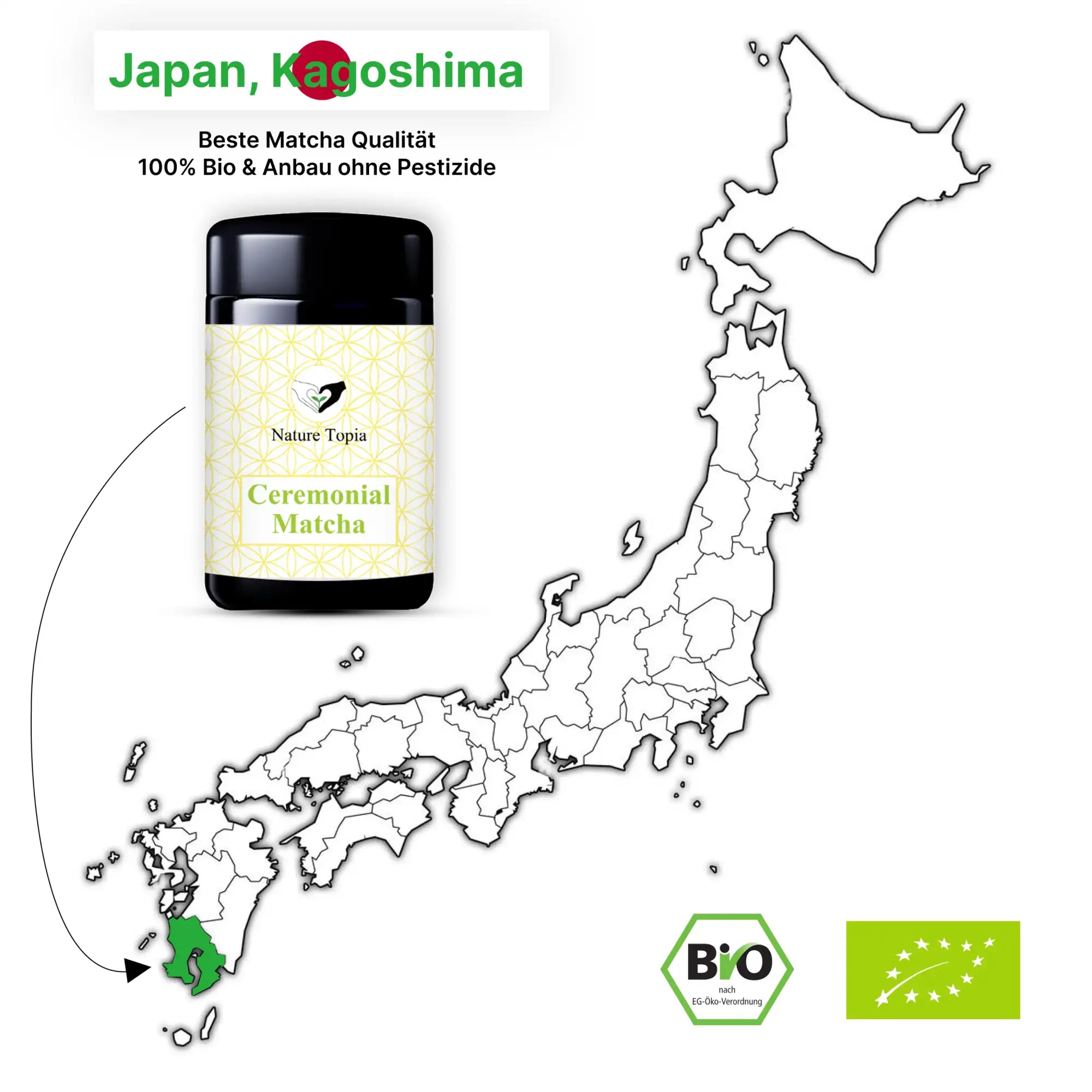 Grüner Keramikkrug mit weißem Etikett, Text ’zeremonieller Matcha’ und Symbolen für Bio-Zertifizierung.