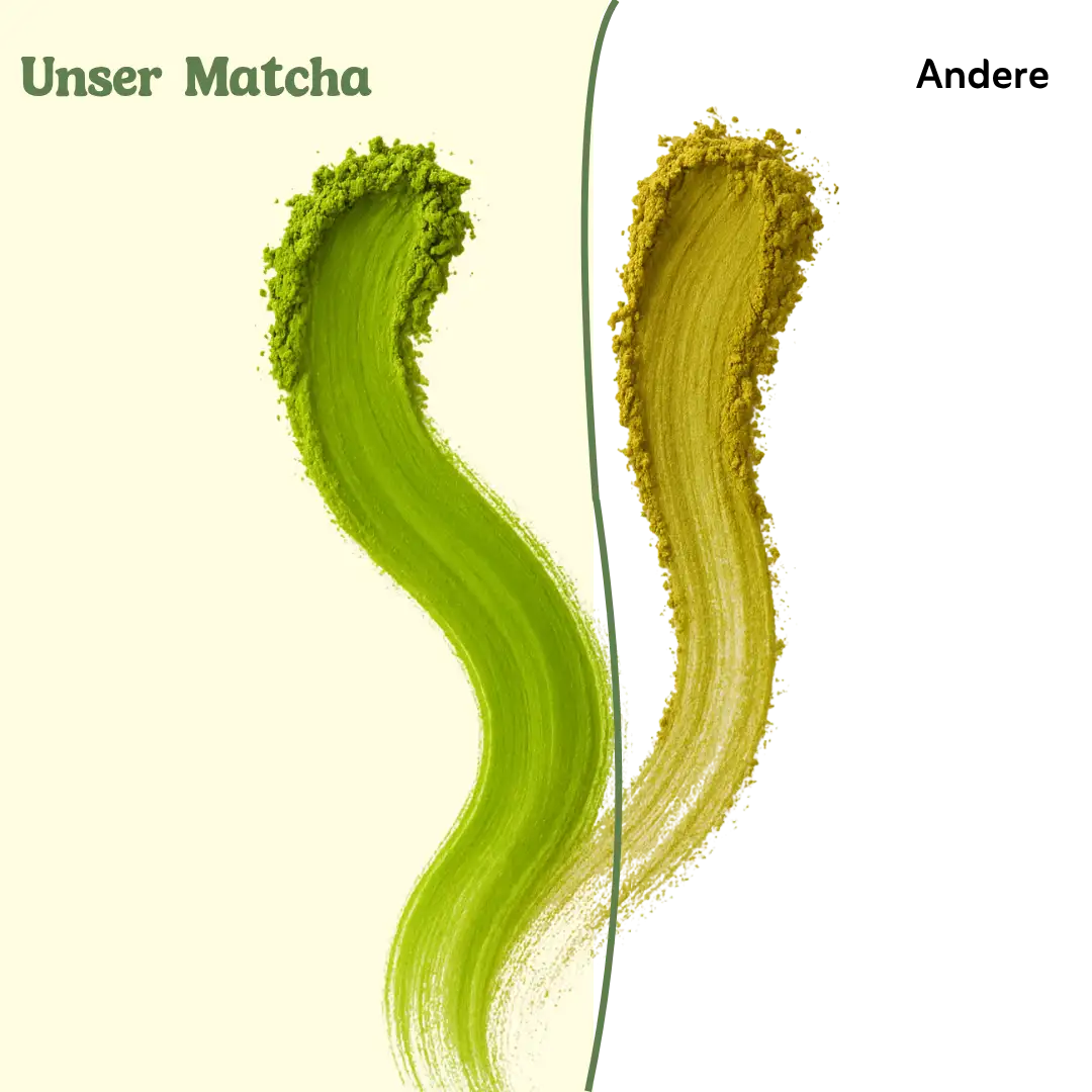 Grünes Matcha-Pulver-Pinselstrich-Design auf einem beigen Hintergrund.