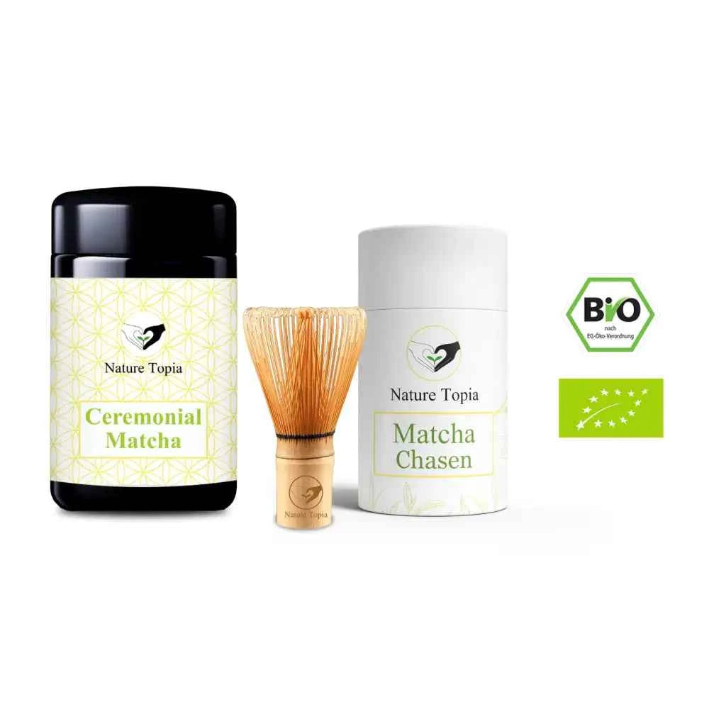 Matcha Beginner Set mit Bio Ceremonial Matcha im Violettglas und traditionellem Chasen