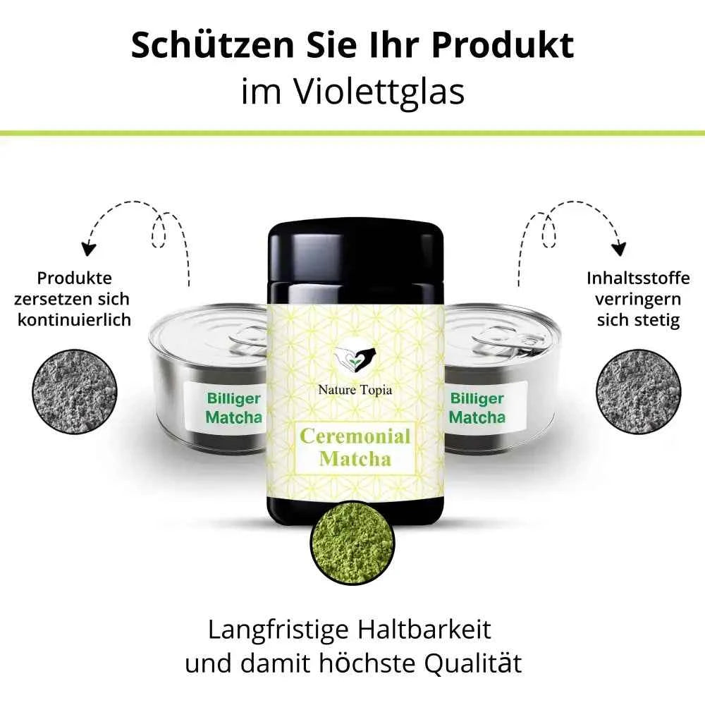 Ceremonial Matcha im Violettglas zum Schutz vor Licht und Qualitätsverlust