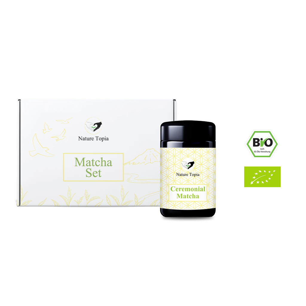 Nature Topia Matcha Starter Set mit Bio Ceremonial Matcha im Violettglas, Matcha Schale, Chasen, Besenhalter und Löffel