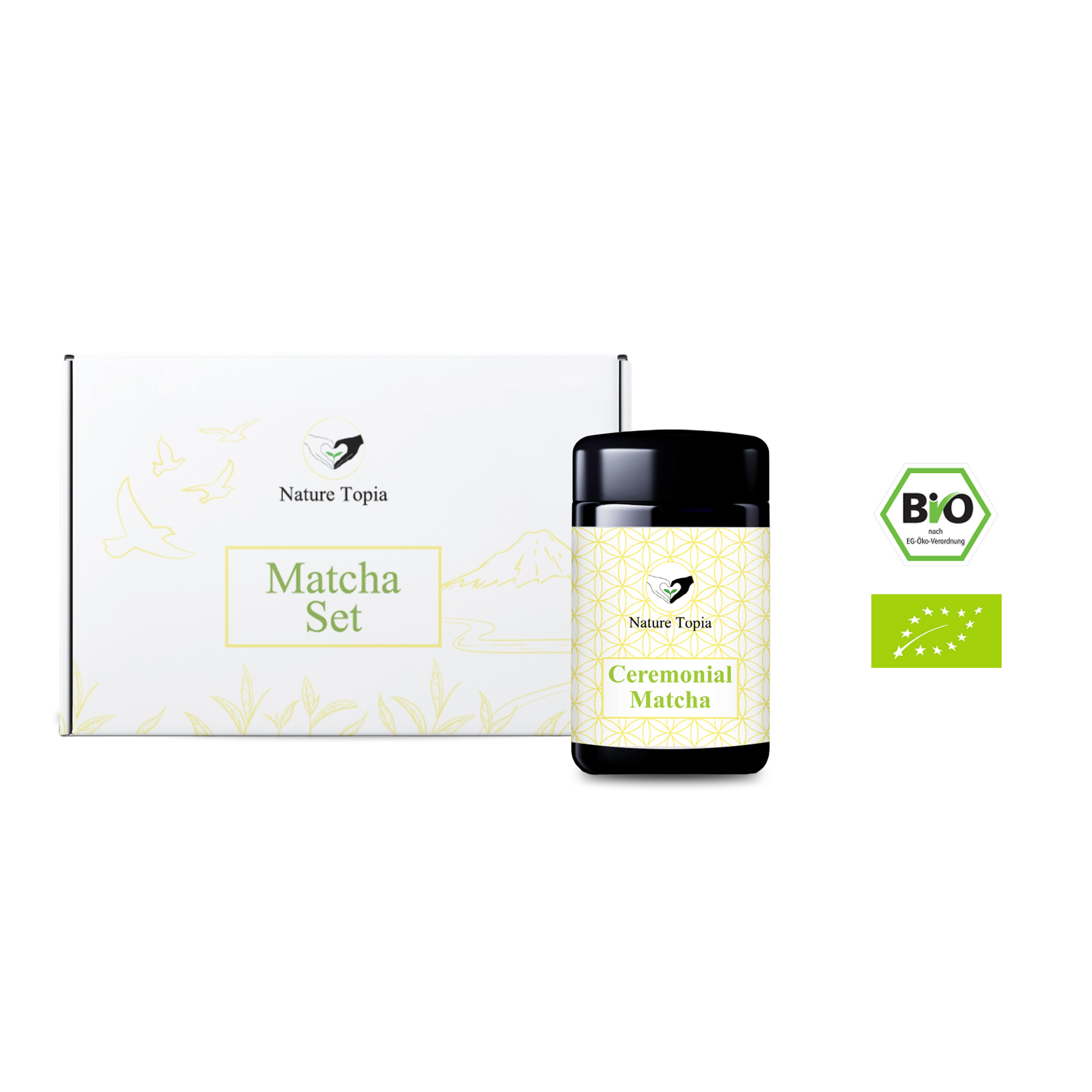 Nature Topia Matcha Starter Set mit Bio Ceremonial Matcha im Violettglas, Matcha Schale, Chasen, Besenhalter und Löffel