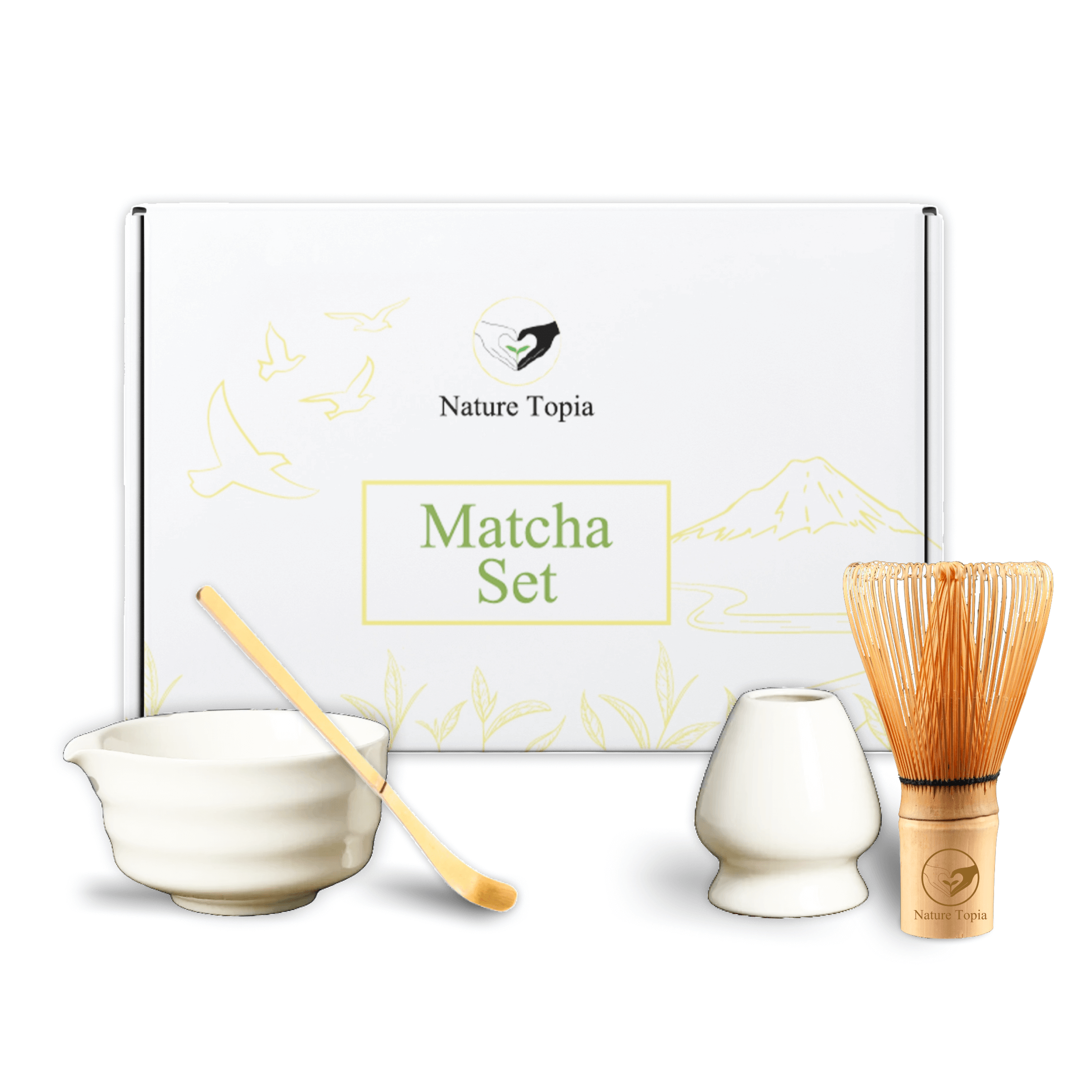 Matcha Starter Set kaufen – mit weißer Keramikschale, Chasen, Chashaku und Besenhalter in Geschenkbox – Nature Topia