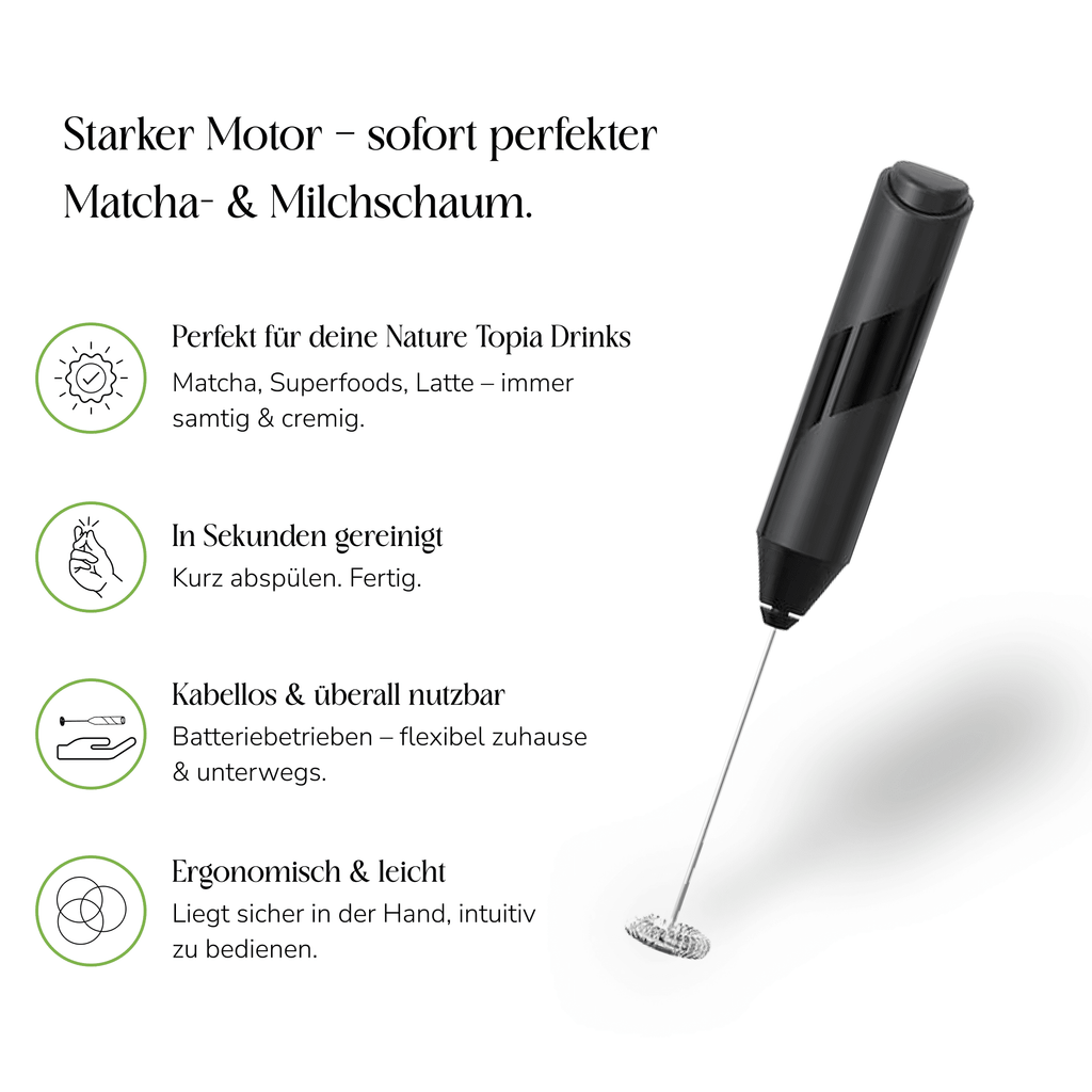 Elektrischer Milchaufschäumer mit Übersicht der Produktvorteile für Matcha und Milchschaum