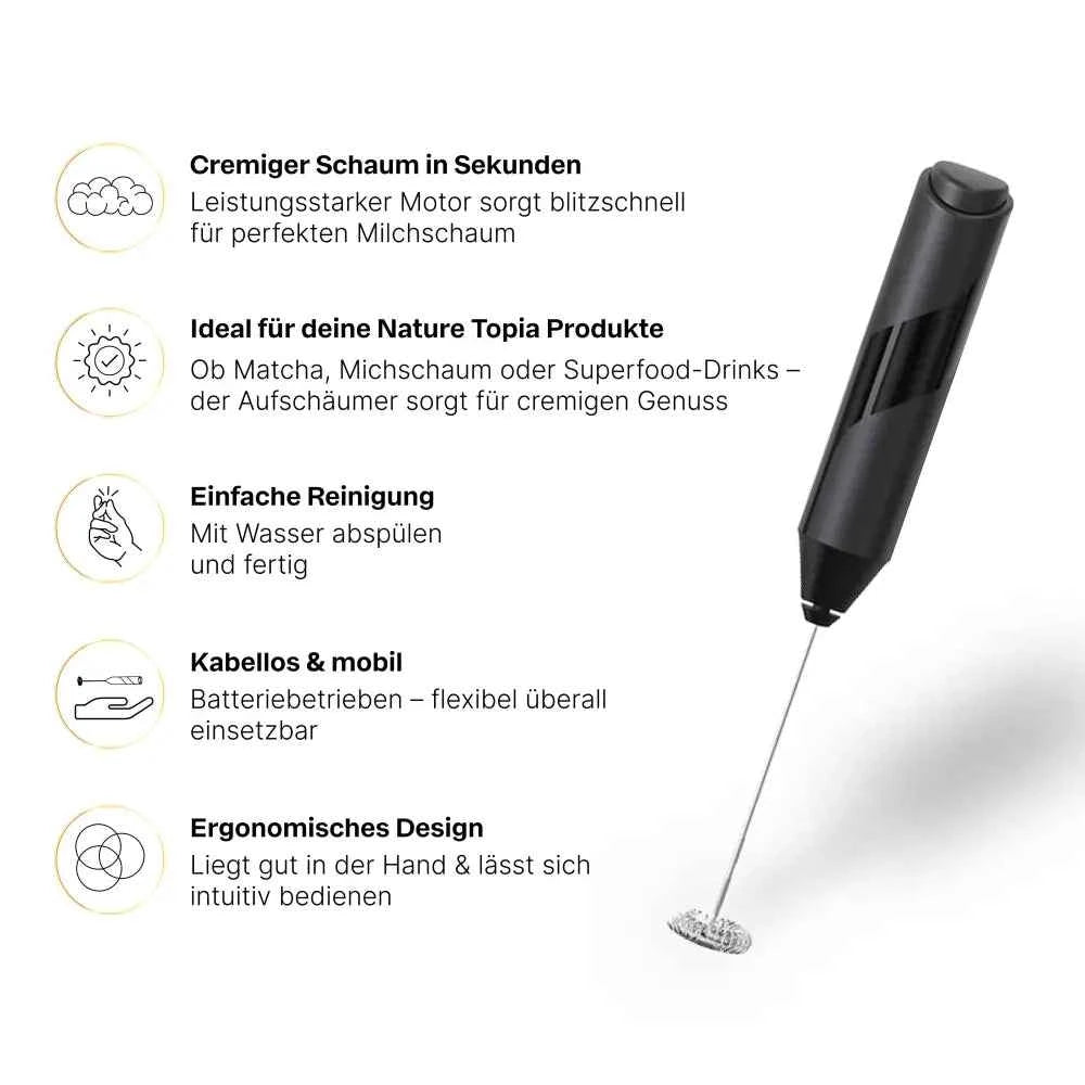 Schwarzer elektrischer Milchaufschäumer mit Edelstahlspirale für cremigen Milchschaum, kabellos, cremiger Schaum und Matcha
