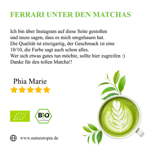 Kundenbewertung Nature Topia Bio Ceremonial Matcha – hochwertiger japanischer Matcha mit intensiver grüner Farbe, cremigem Geschmack und Bio-Siegel.