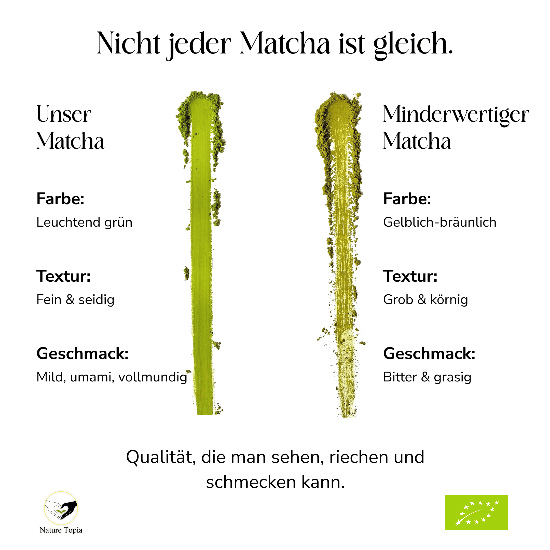 Qualitätsvergleich von Bio Ceremonial Matcha: leuchtend grün, fein und mild im Geschmack im Gegensatz zu minderwertigem Matcha
