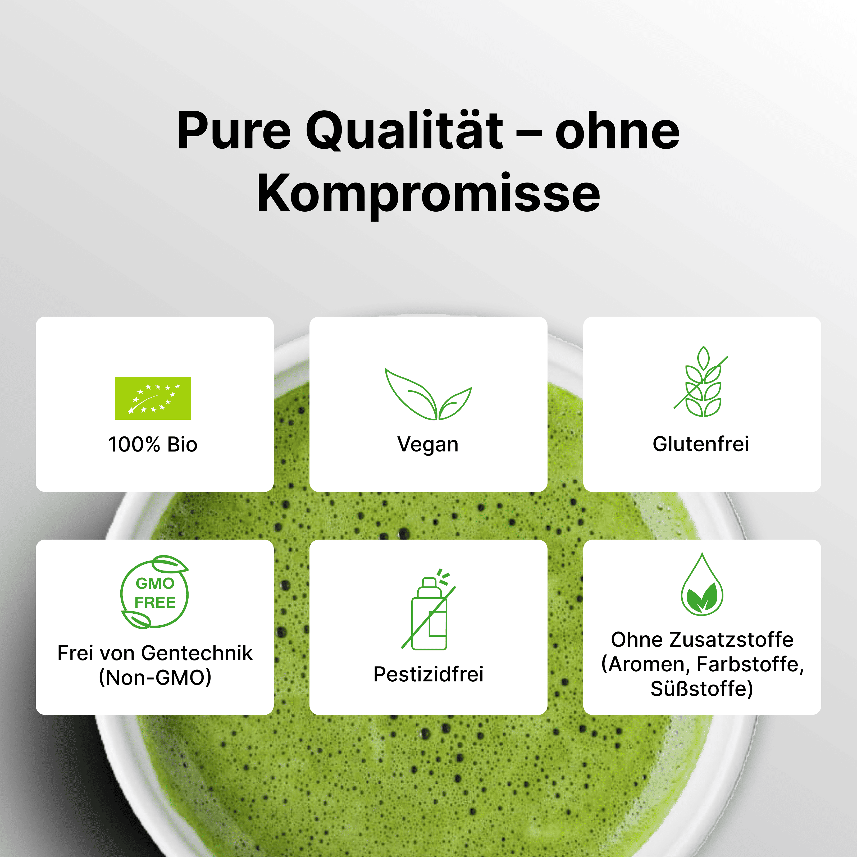 Reinheitsmerkmale von Bio Ceremonial Matcha: 100 % Bio, vegan, glutenfrei, pestizidfrei und ohne Zusatzstoffe