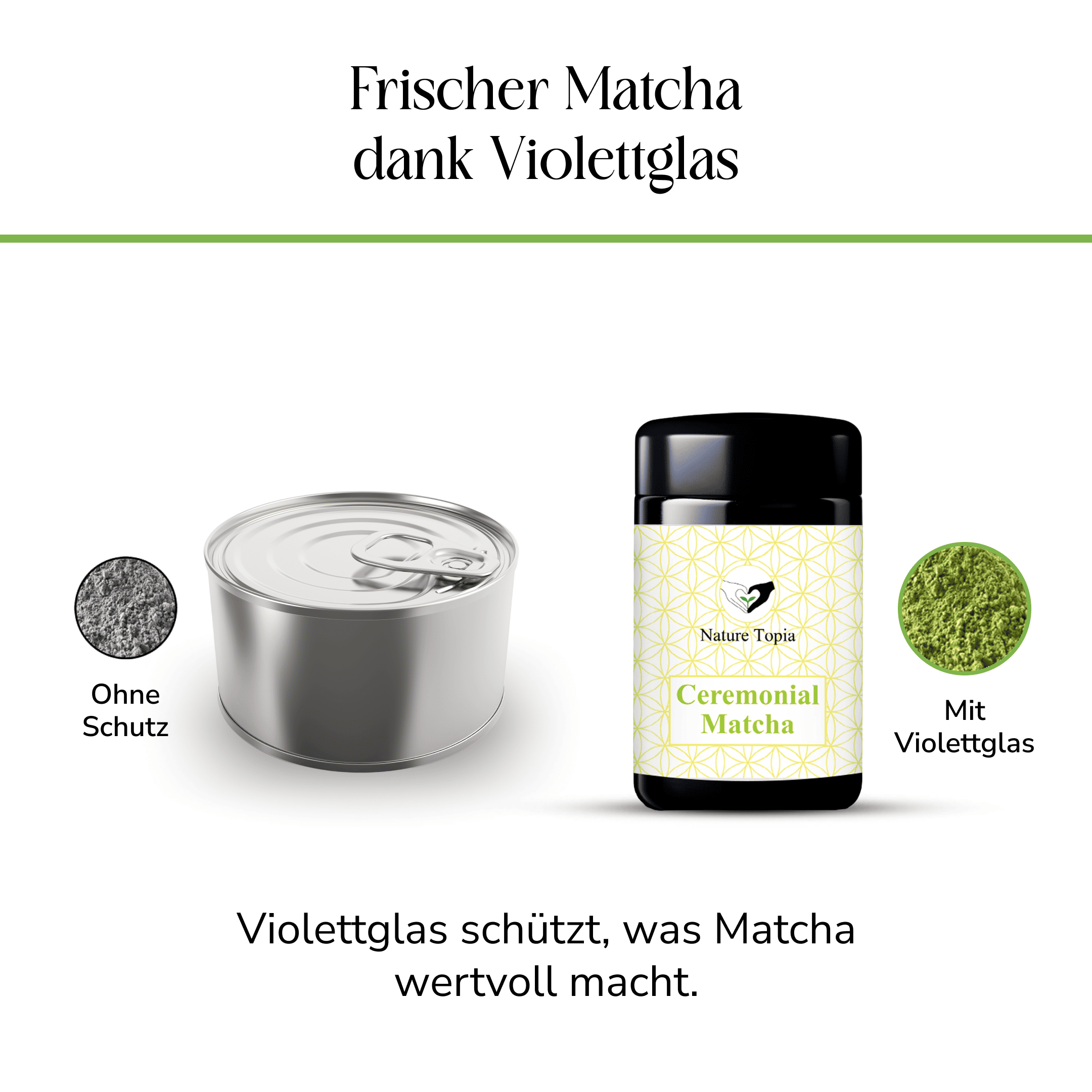 Bio Ceremonial Matcha von Nature Topia im Violettglas zum Schutz vor Licht und zur Bewahrung von Frische, Farbe und Nährstoffen
