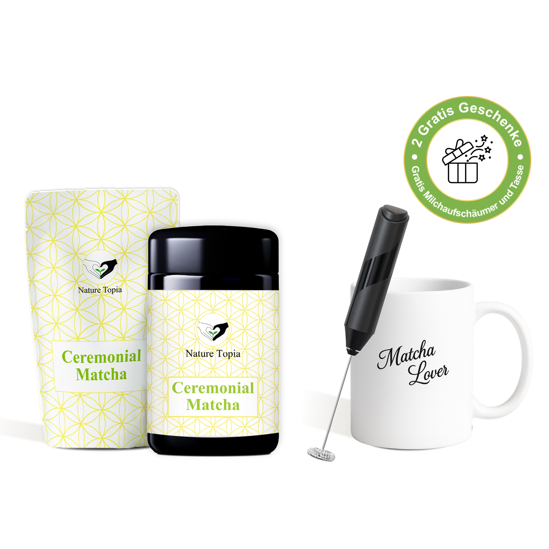 Nature Topia Ceremonial Matcha im Beutel und Glas mit gratis Milchaufschäumer und Matcha Lover Tasse.