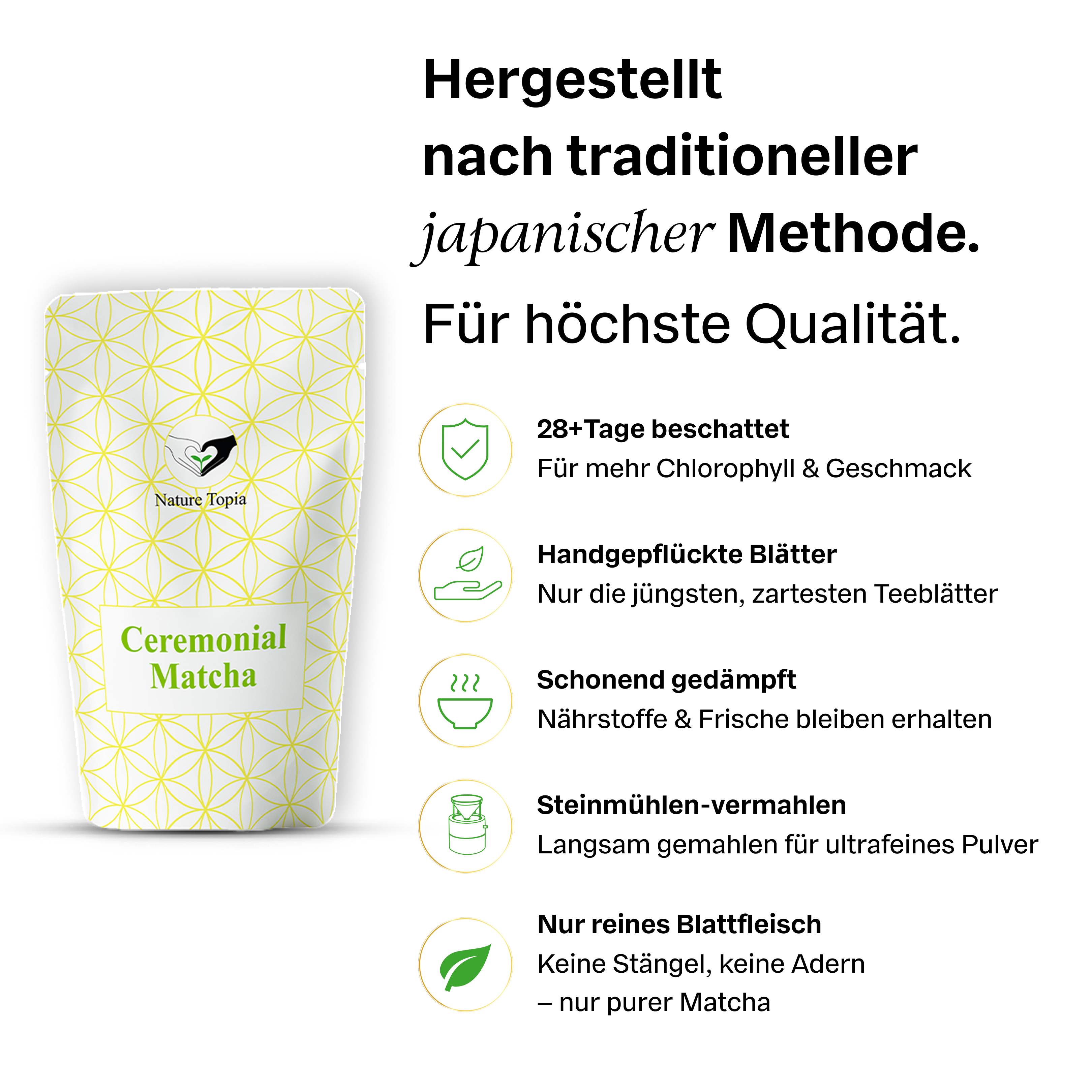 Grafik zur traditionellen Herstellung von Nature Topia Ceremonial Matcha im Beutel mit Qualitätsmerkmalen.