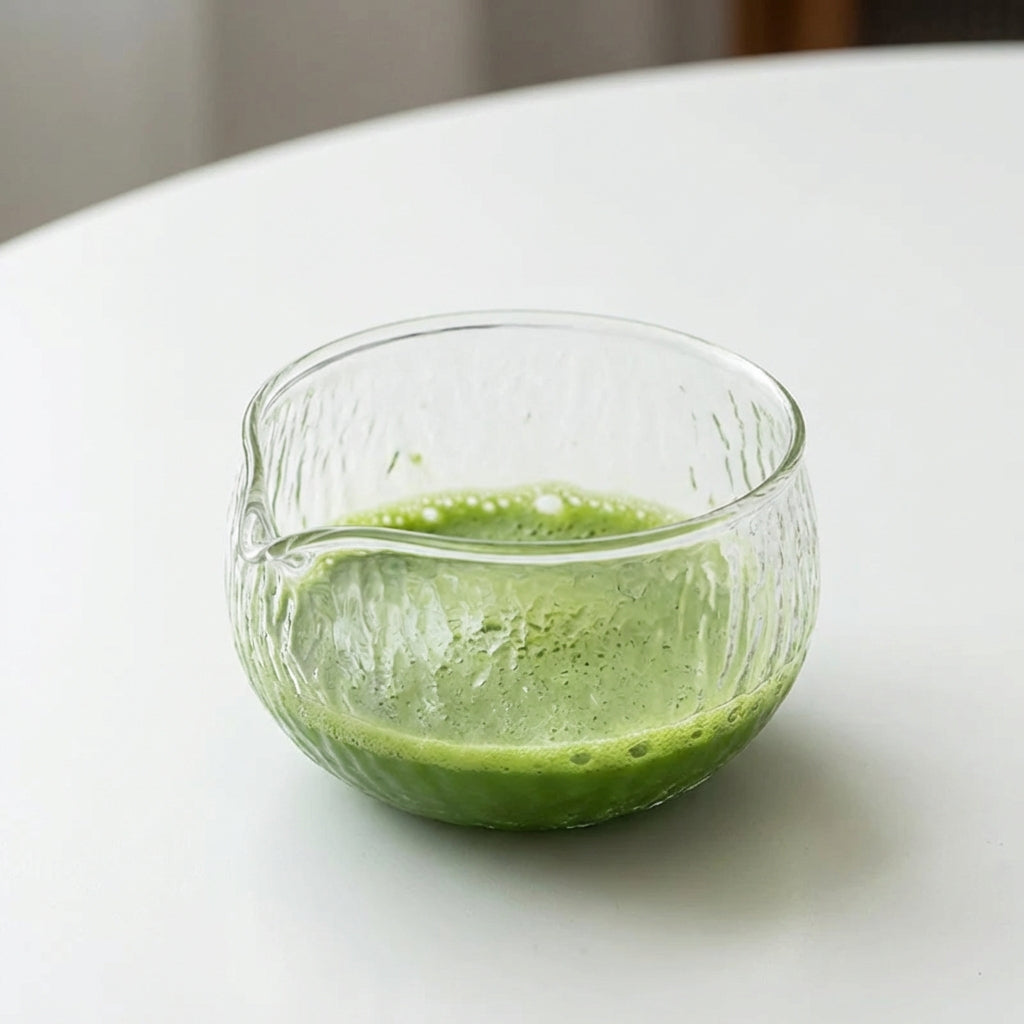 Glas-Matcha-Schale mit leicht aufgeschäumtem Matcha auf hellem Tisch für die traditionelle Zubereitung