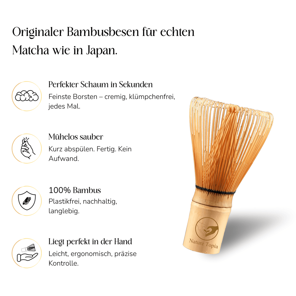 Vorteile des Nature Topia Matcha Besens aus Bambus für cremigen Schaum wie bei der traditionellen japanischen Zubereitung