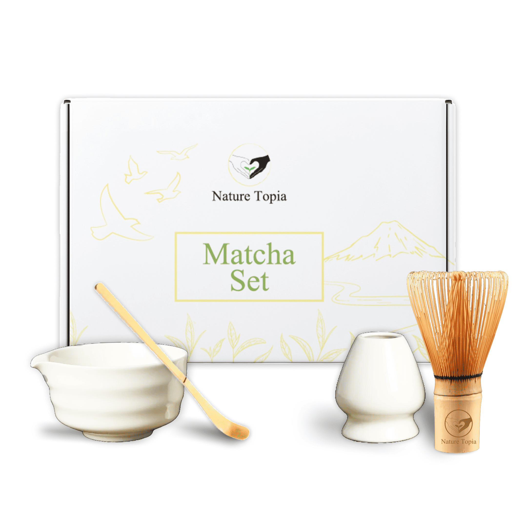 Nature Topia Matcha Set mit Keramikschale, Bambusbesen und Matcha-Löffel für die traditionelle Zubereitung