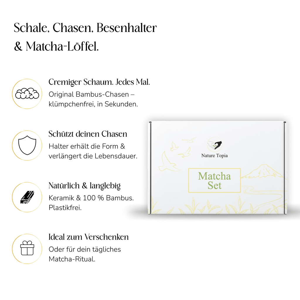 Vorteile des Nature Topia Matcha Sets mit Schale, Bambusbesen, Besenhalter und Matcha-Löffel