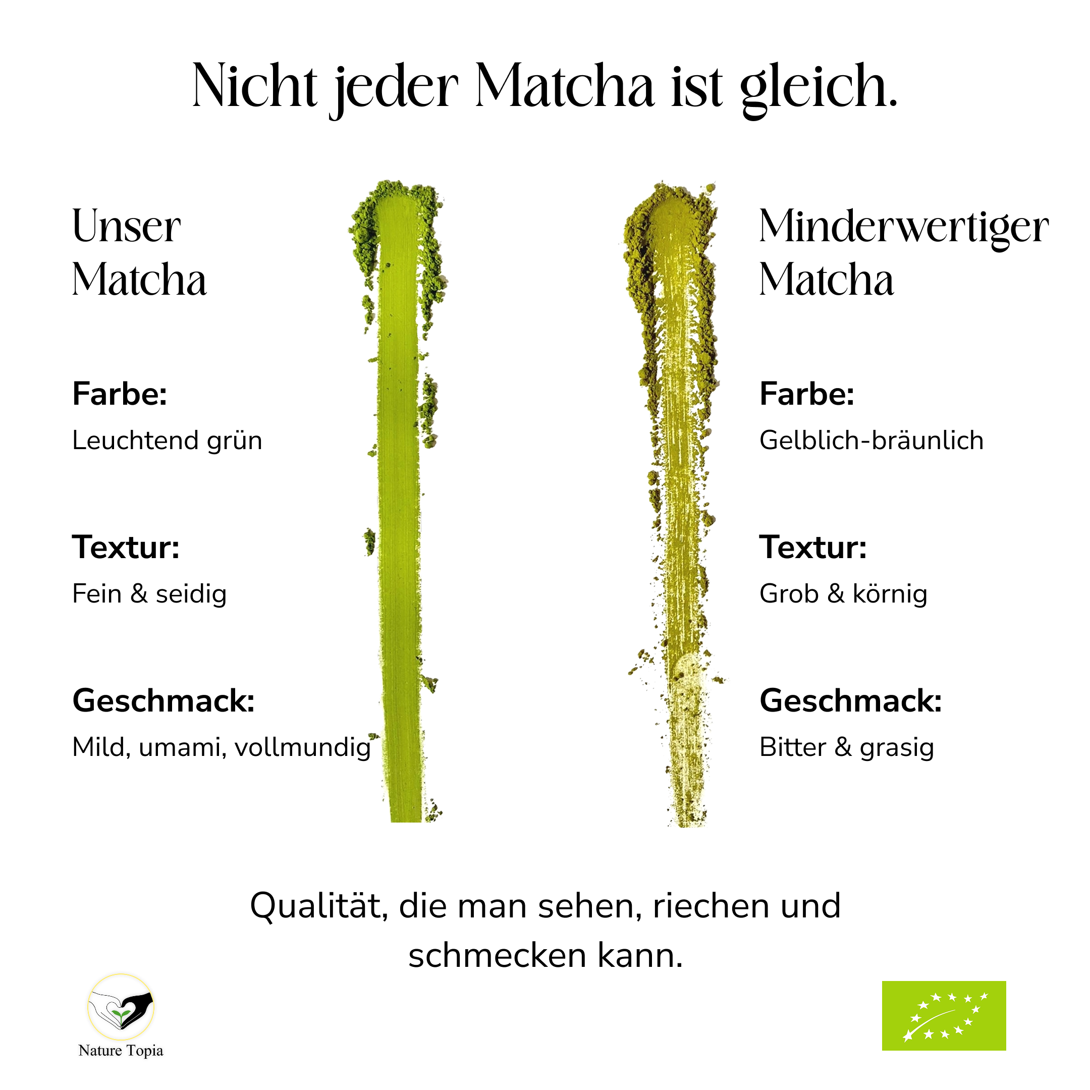 Vergleich zwischen hochwertigem Nature Topia Matcha und minderwertigem Matcha mit Unterschieden in Farbe, Textur und Geschmack.