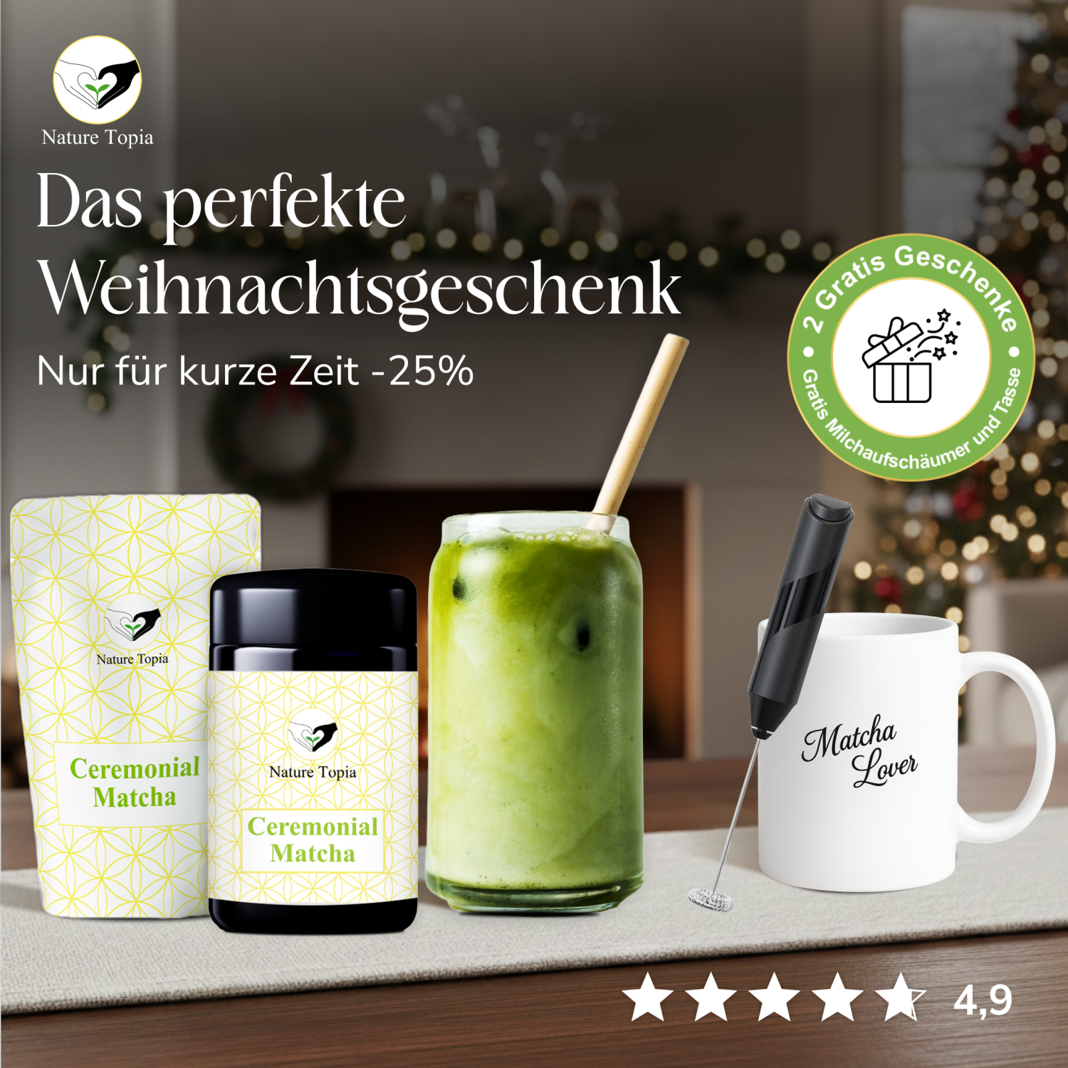Weihnachtskampagne von Nature Topia mit Ceremonial Matcha Set, Matcha-Drink, gratis Milchaufschäumer und Tasse.