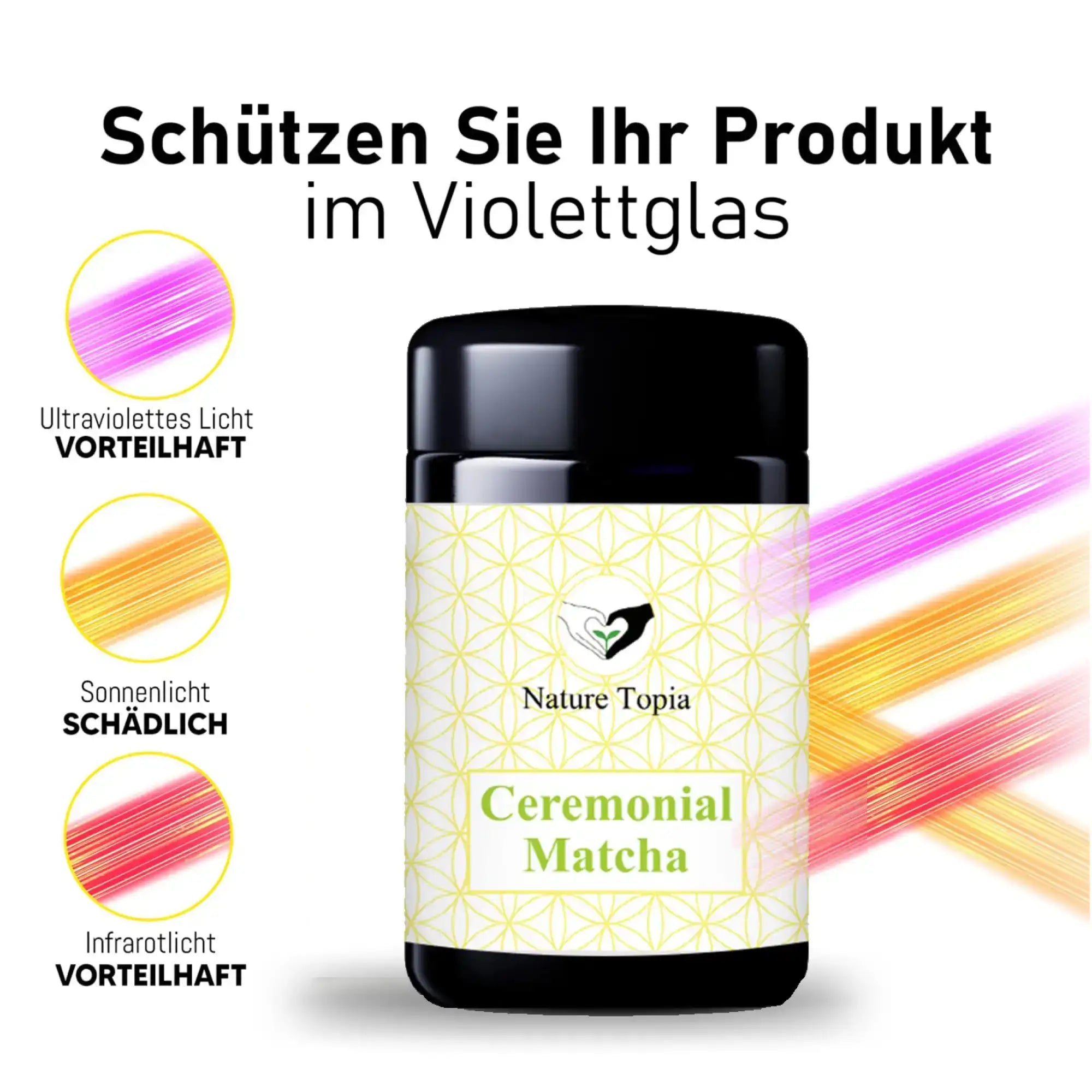 Violettes Glasgefäß mit weißem Etikett und schwarzem Deckel, enthaltend zeremoniellen Matcha-Tee.