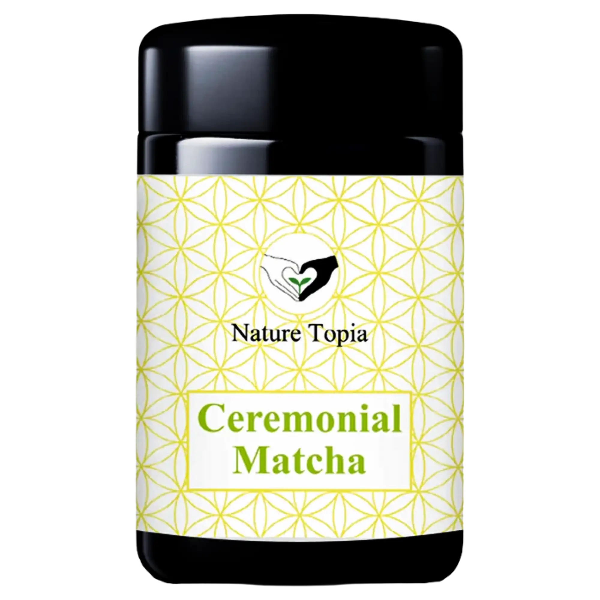 Zeremonielle Matcha-Grüntee-Dose mit schwarzem Deckel und weißem Etikett mit geometrischem Muster.